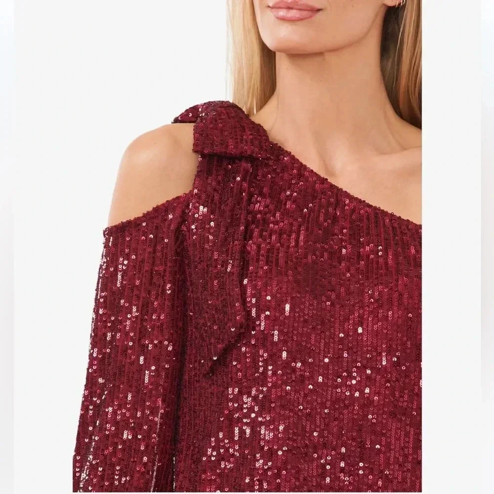 CeCe Red Wine Sequin Size Small EUC Holiday One Shoulder Top - Picture 3 of 3
